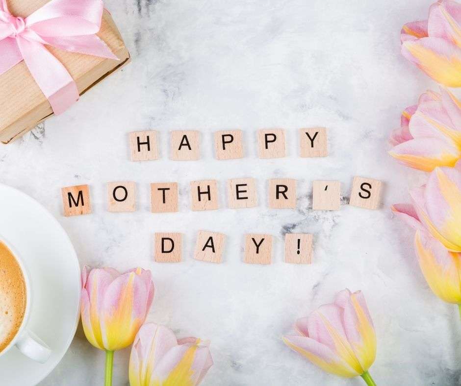 happy mother's day scrabble letter blocks with flowers