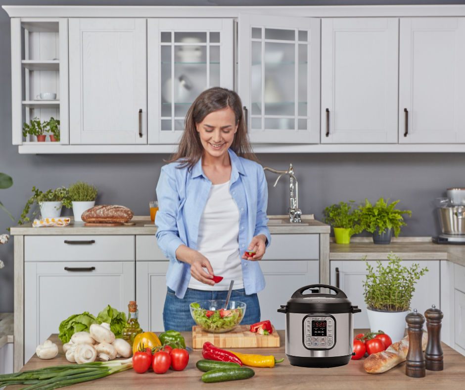 woman cooking meal with instant pot
